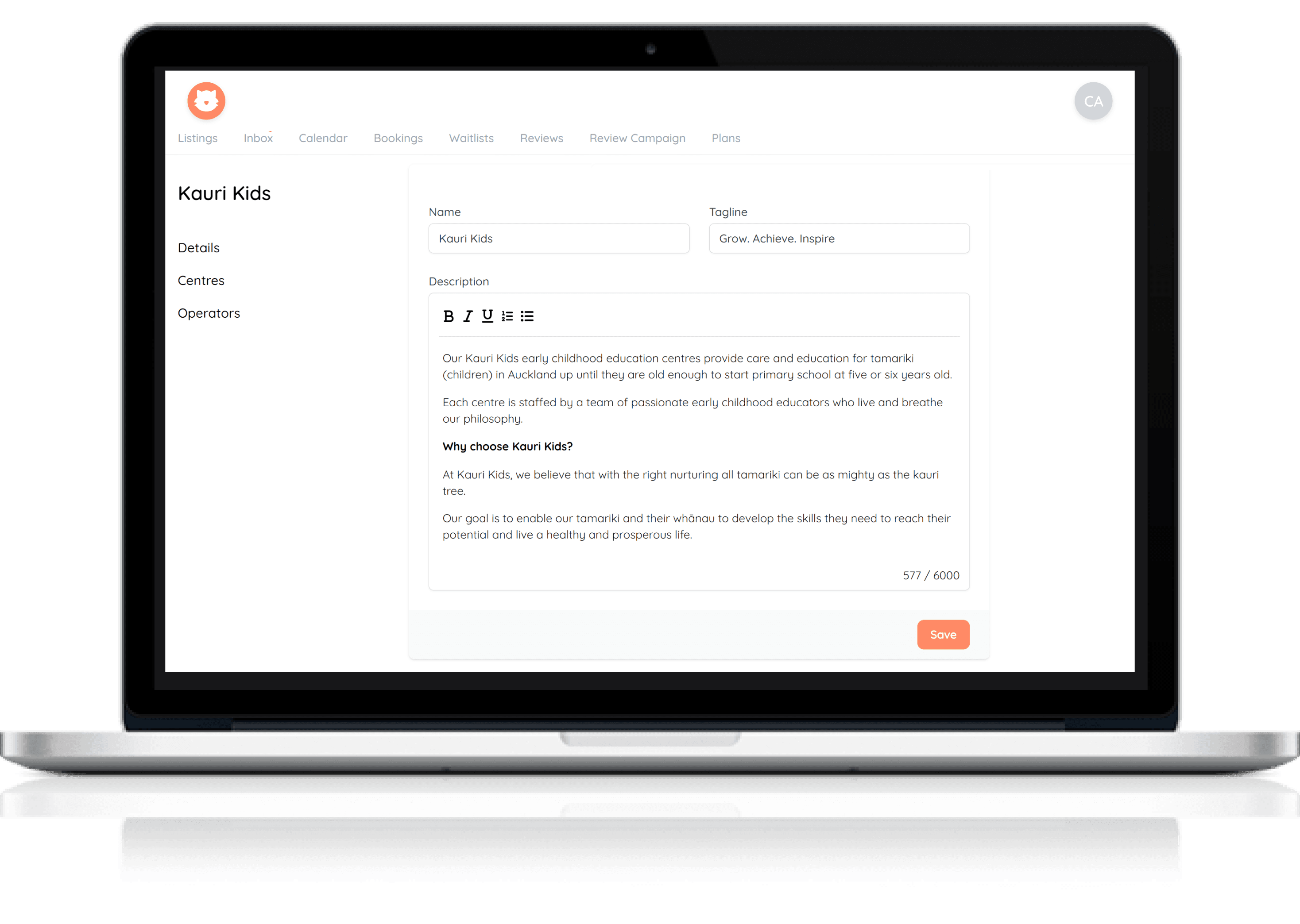 Operator centre details page