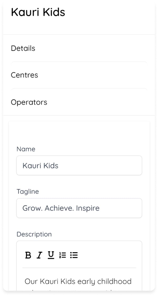 Operator centre details page